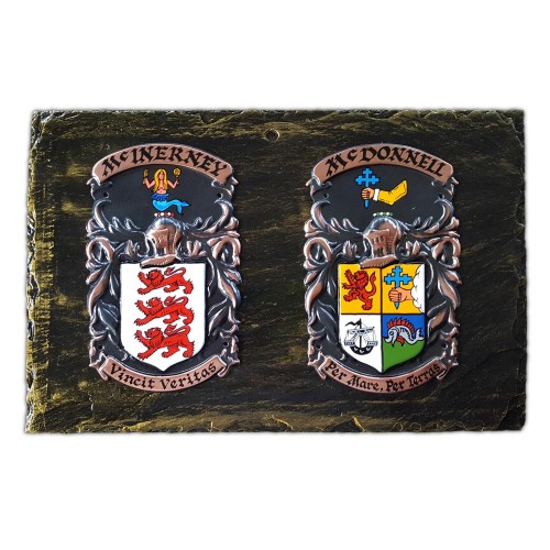 Handpainted Double Family Crest on Slate – (Regular 12″ x 8″)